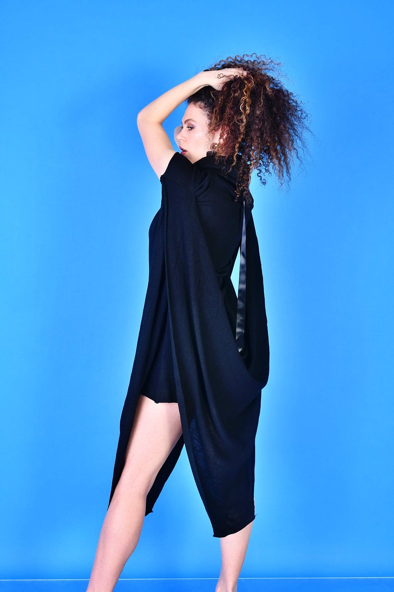 Sweater Dress Black Sweater Fine Knit Top Asymmetrical Knitted Top Black Asymmetrical Sweather Black Sweat Mini Dress