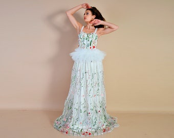 Wedding Dress/ Embroidery dress/ Wedding Embroidery dress/ White Embroidery Dress/ Embroidered Dress/ Luxury Dress/ Floral Embroidery Dress
