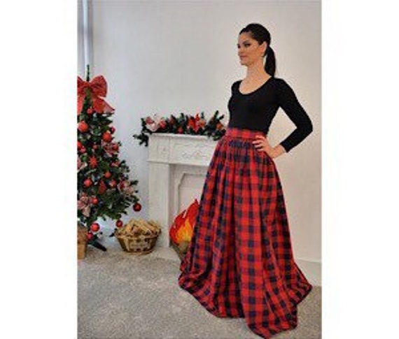 Red Checks Maxi Skirt With POCKETS ...