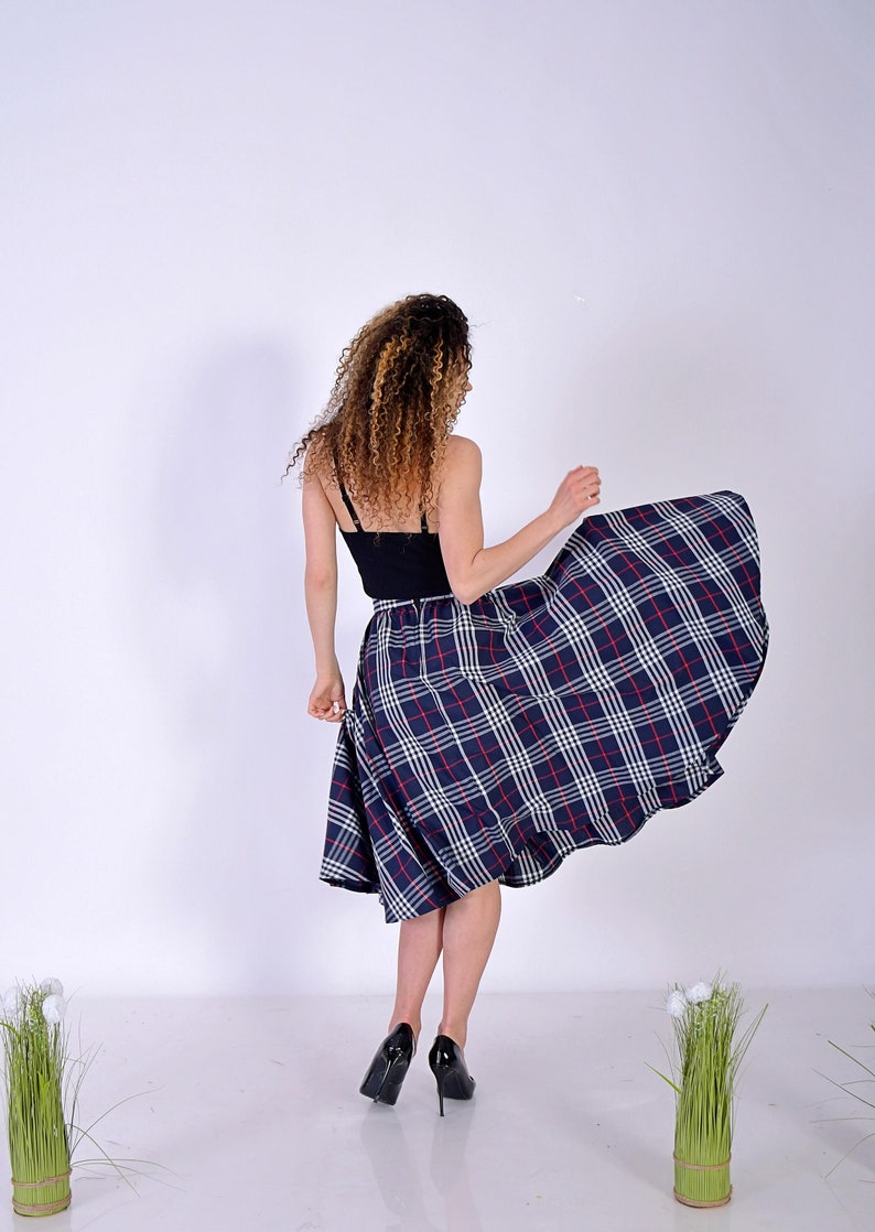 Short Navy Checks Skirt/ Short Cotton SKirt/ Checks Skirt/ Midi Dress with Checks Pattern/ Birthday Skirt/ Navy SKirt/ Office Navy Skirt image 10