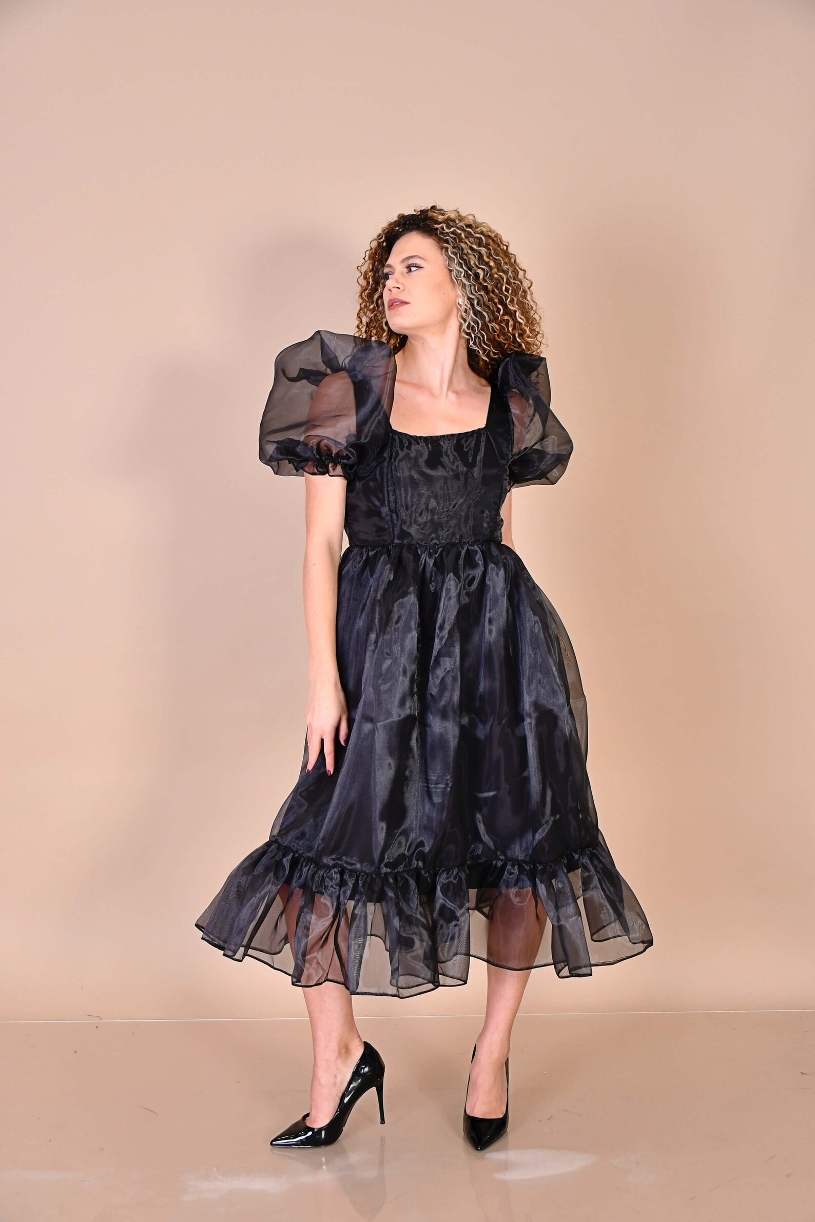 Striped Organza Belt Dress Black