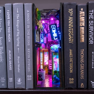 MINIALLEY  Cyberpunk Futuristic Alleyway Booknook - Handmade and Assembled - Unique Illusions and LED Lighting -  Perfect for Home Decor