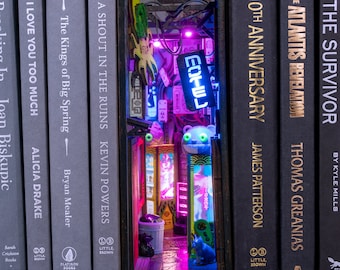 MINIALLEY  Cyberpunk Futuristic Alleyway Booknook - Handmade and Assembled - Unique Illusions and LED Lighting -  Perfect for Home Decor