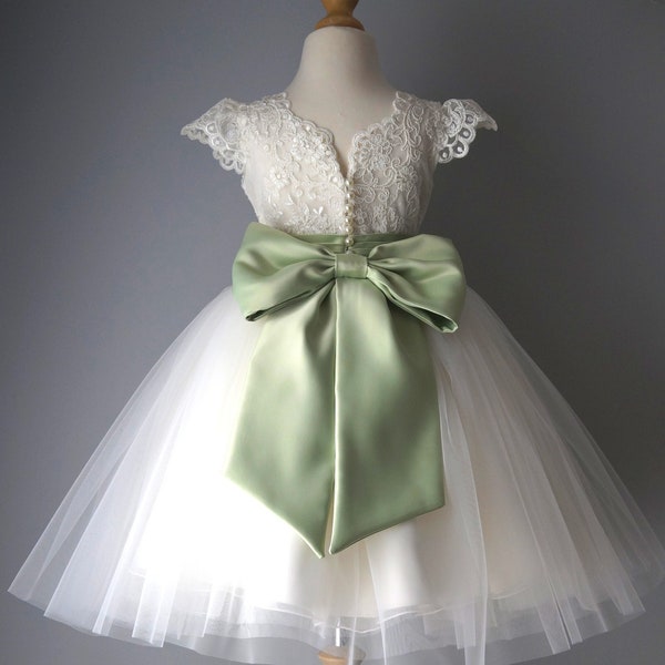 Flower girl dress, Sage dress, Birthday Dress, Baby Dress, Lace Dress, Tulle Dress, Wedding