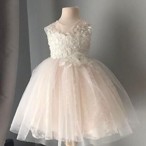 Peut inclure: Une robe en tulle blanche avec un corsage en dentelle et une fleur en accent à la taille. La robe a une jupe ample et est parfaite pour une occasion spéciale.