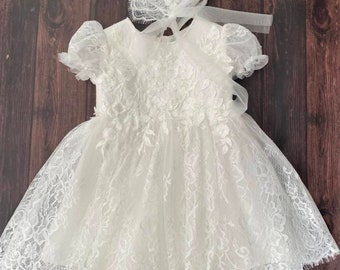 Baptism Dress for Baby Girl - Bonnet -  - Christening Gown Girl, Lace Baptism Outfit Girl, Blessing Dress Toddler