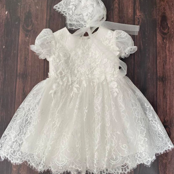 Baptism Dress for Baby Girl - Bonnet -  - Christening Gown Girl, Lace Baptism Outfit Girl, Blessing Dress Toddler