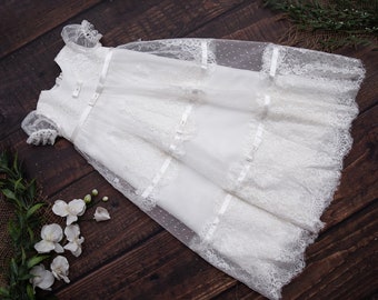 christening gown- cotton batiste with beautiful end soft lace - long christenin dress silk