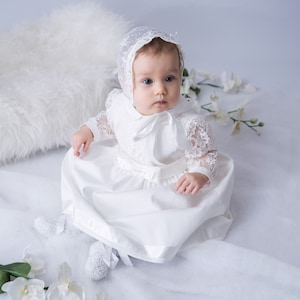 christening gown with long sleeve -Silk with cotton cotton batiste with beautiful end soft lace - christenin dress