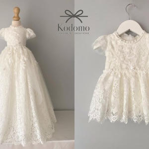 cotton  lace Tulle white christening gown with removable skirt, baptism gown, christening dress, christening bonnet, baby bodysuit,