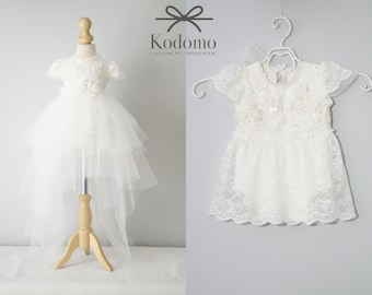 Tulle Christening Gown, Removable Skirt, Cream Baby Bodysuit