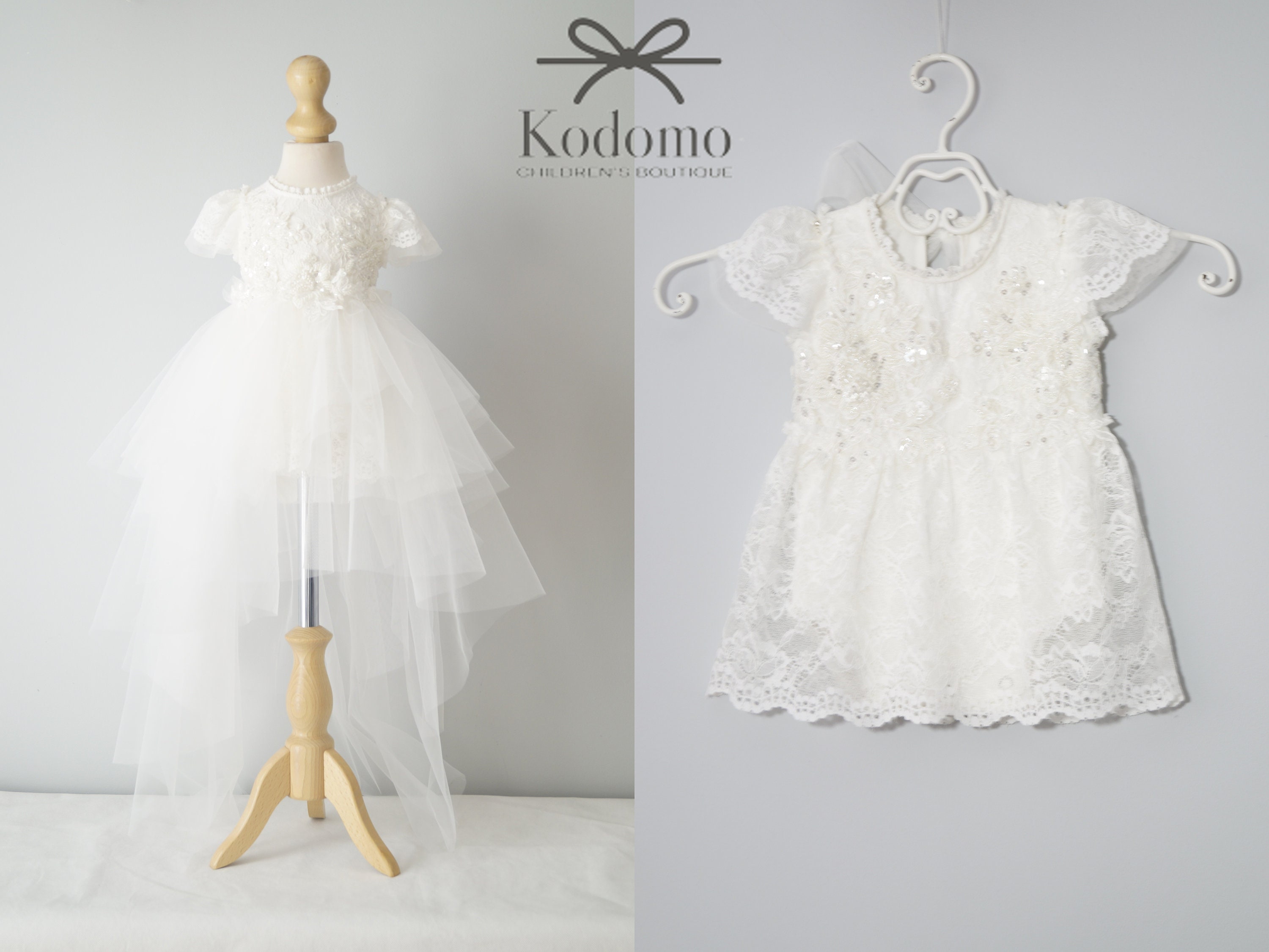 Tulle Christening Gown with Removable Skirt, Lace Bodysuit, Cream Baby Dress