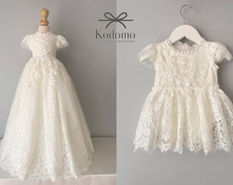Tulle white christening gown with removable skirt, baptism gown, christening dress, christening bonnet, baby bodysuit, baby white dress