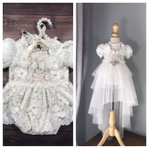 2 pcs  Baptism Romper and Skirt, Christening dress, tulle christening gown, christening gown, baptism dress, baptism gown, lace dress