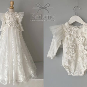 Christening dress, bodysuit with removable skirt, christening gown, baptism dress, baptism gown, lace dress