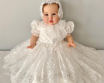 Baptism Dress for Baby Girl - Bonnet -  - Christening Gown Girl, Lace Baptism Outfit Girl, Blessing Dress Toddler