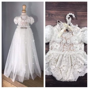 Tulle white christening gown with removable skirt, baptism gown, christening dress, christening bonnet, baby bodysuit, baby white dress