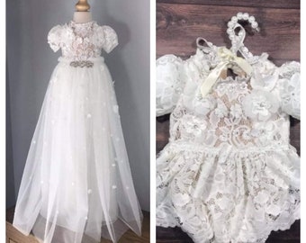 Robe de baptême blanche en tulle avec jupe amovible, robe de baptême, robe de baptême, bonnet de baptême, body pour bébé, robe blanche pour bébé