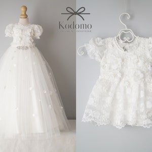 Christening dress, bodysuit with removable skirt, christening gown, baptism dress, baptism gown, lace dress, personalization