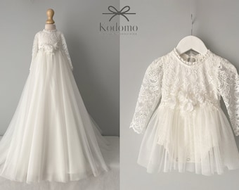 Christening dress, bodysuit with removable skirt, christening gown, baptism dress, baptism gown, lace dress