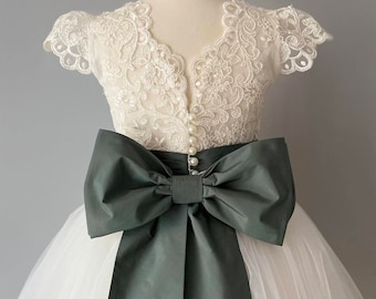 Lace Flower Girl Dress, Tulle Skirt, Sage Green Bow