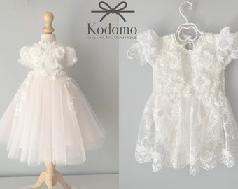 Tulle white christening gown with removable skirt, baptism gown, christening dress, christening bonnet, baby bodysuit, baby white dress