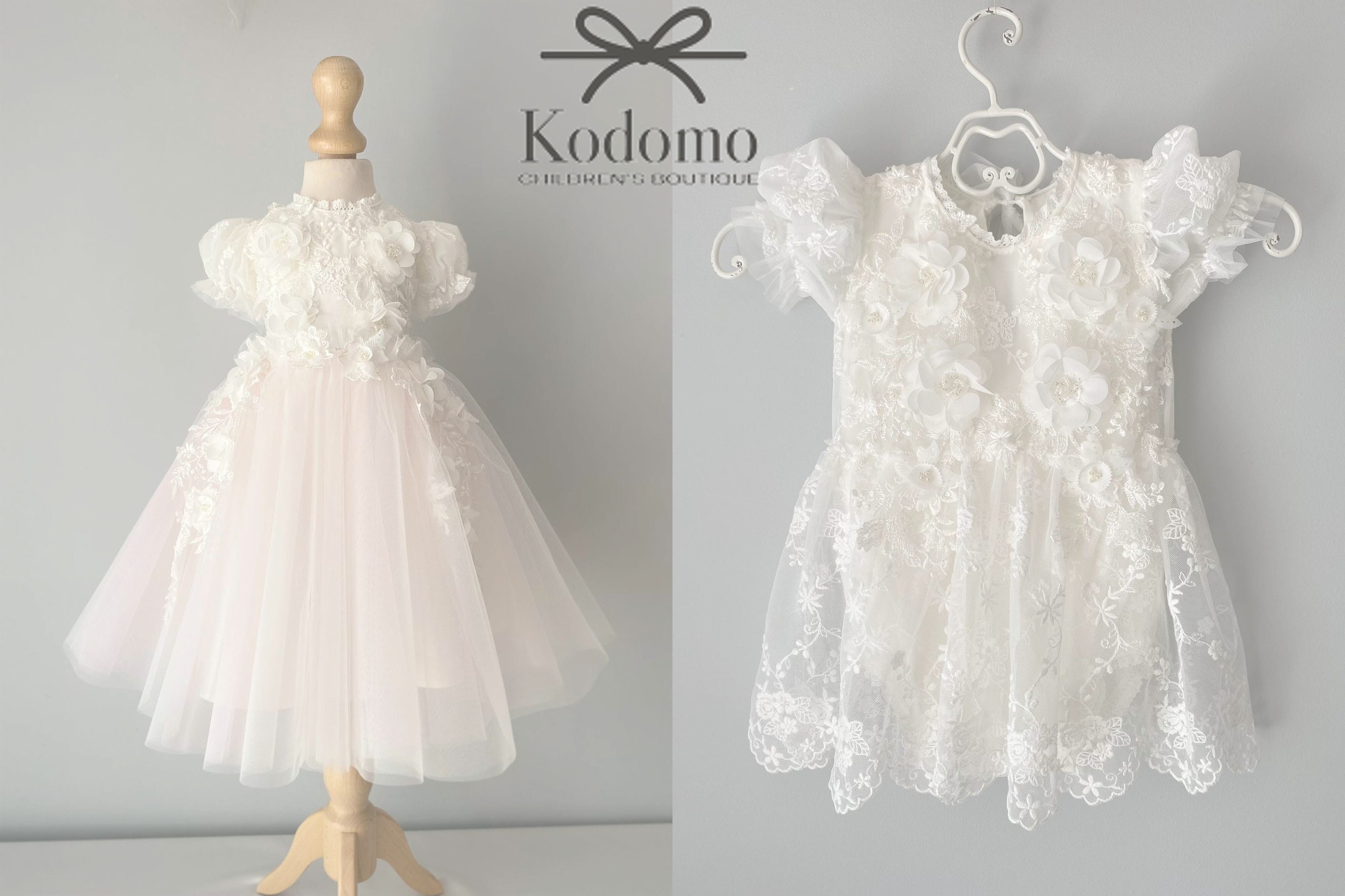 Tulle white christening gown with removable skirt, baptism gown, christening dress, christening bonnet, baby bodysuit, baby white dress
