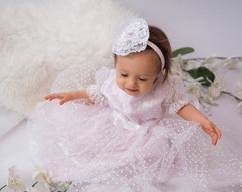 Adelita Extraordinarily charming baptism dress in pale pink. Christening