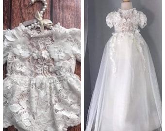 Christening dress, bodysuit with removable skirt, christening gown, baptism dress for toddler girl , baptism gown, lace dress