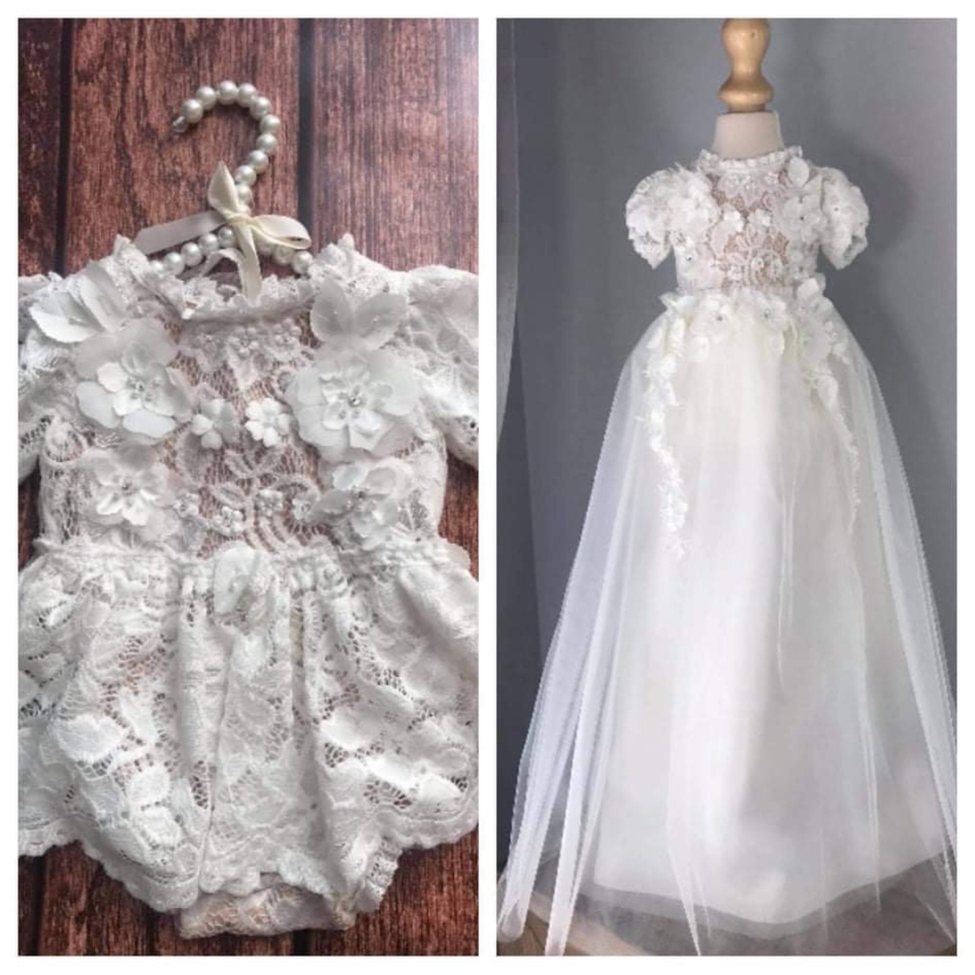 Lace Christening Gown, Removable Tulle Skirt, Baptism Bodysuit
