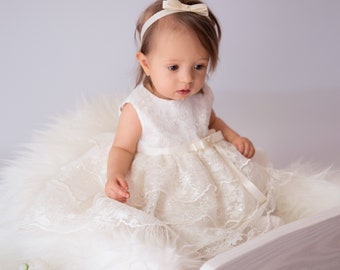 Baptism dress, frill dress, lace dress, baptism cap, headband, flowers