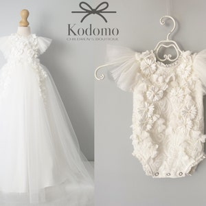 Christening Gown, Infant Lace Baptism Dress, Unique Baby Boho Dress, Baby Flower Girl Dress, Bodysuit