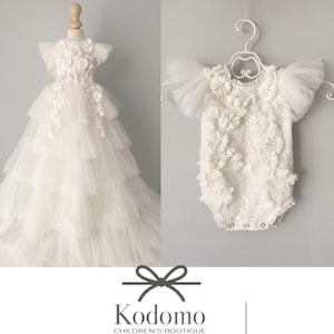 Tulle white christening gown with removable skirt, baptism gown, christening dress, christening bonnet, baby bodysuit, baby white dress