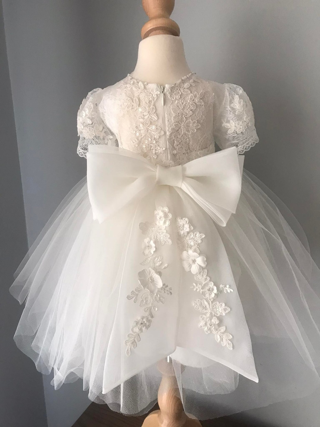 Baby Girls 3D Ribbon Flower Crystal Tulle Flower Girl Dress 3-24M