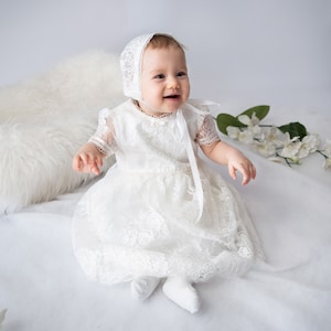 Baptism dress, flower girl dress, baby wedding dress, christening dress, bonnet, headband.