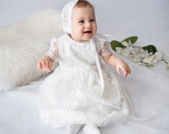 Vestido de bautismo, vestido de niña de flores, vestido de novia de bebé, vestido de bautizo, capó, diadema.