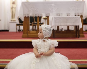 cadeaux de baptême pour fille, robe de baptême, robe de baptême pour petite fille, robe de baptême pour fille, bonnet pour fille