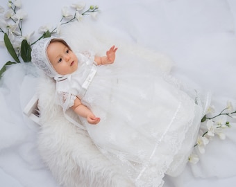 Baptism Dress for Baby Girl - Bonnet - | Christening Gown Girl | Lace Baptism Outfit Girl | Blessing Dress | Baptism Dress,personalization