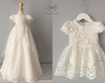 Tulle white christening gown with removable skirt, baptism gown, christening dress, christening bonnet, baby bodysuit, Personalization