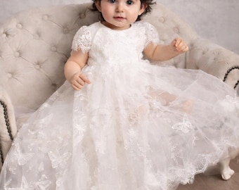 Baby Girl Christening Gown, Detachable Dress with Butterflies