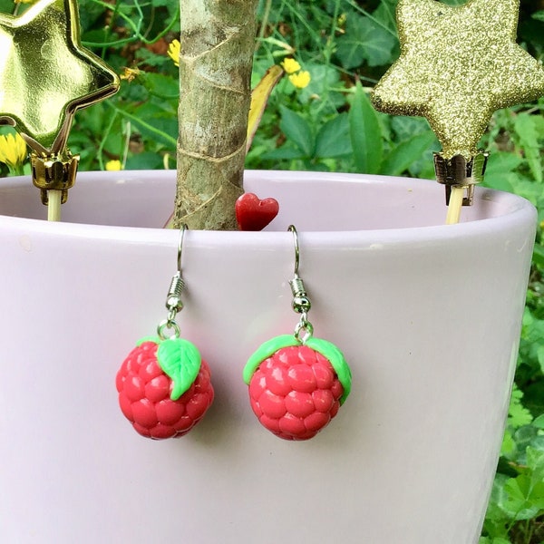 Boucles d'oreilles framboise, boucles d'oreilles originales, boucle d'oreilles pâte polymère Fimo, bijoux gourmand, boucles d'oreilles fruit