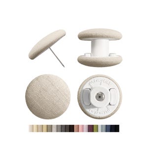 May include: Beige fabric-covered upholstery tacks and snap-on buttons. The image shows the tacks from the side and top, and the buttons from the top and bottom. A color palette of fabric swatches is shown at the bottom.