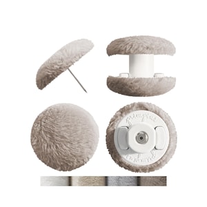 May include: A set of four different types of furniture leg protectors. The protectors are a light brown color with a fluffy texture. One has a nail, one has a white plastic base, and one has a white plastic base with the word "primipias" printed on it.