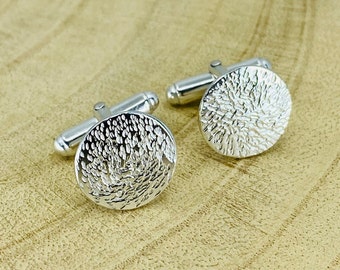 Jewelry Gift for Groom Under 50 Shirt Links Sterling Silver Cuff Links Silver Wood Grain Cufflinks Rustic Cuff Links Dad Birthday