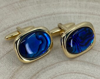 Blue Abalone Shell Oval Gold Plated Cufflinks