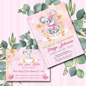 Koala niña bebé ducha invitación, es una niña, incluye tarjeta de solicitud de libro GRATIS, 5x7, imprimible