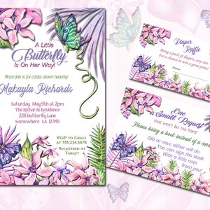 BUTTERFLY Bebé Ducha Invitación, incluye Solicitud de Libro y tarjetas de la rifa del pañal, imprimible