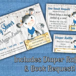 BABY COW, Baby Shower Invitation BOY, inclusief Boekaanvraag en Luierloterijkaarten, Afdrukbaar