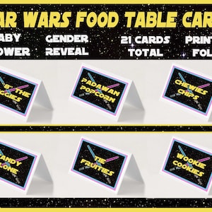 Star Wars Party Food Tent Cards, Gender Reveal, Baby Shower, Printable, 21 cartas