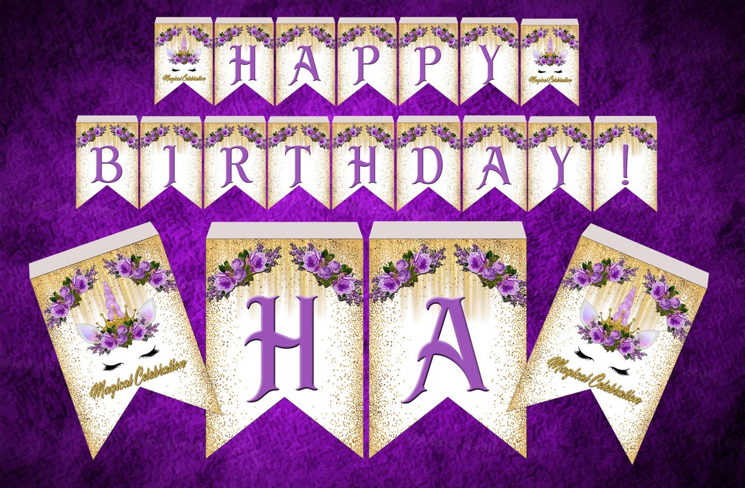Unicorn Birthday Party Banner Printable Purple and Gold 5x7 Flags Etsy